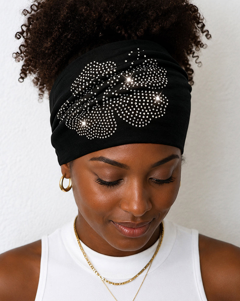 Wide Stretch Headband With Rhinestone Floral Decor