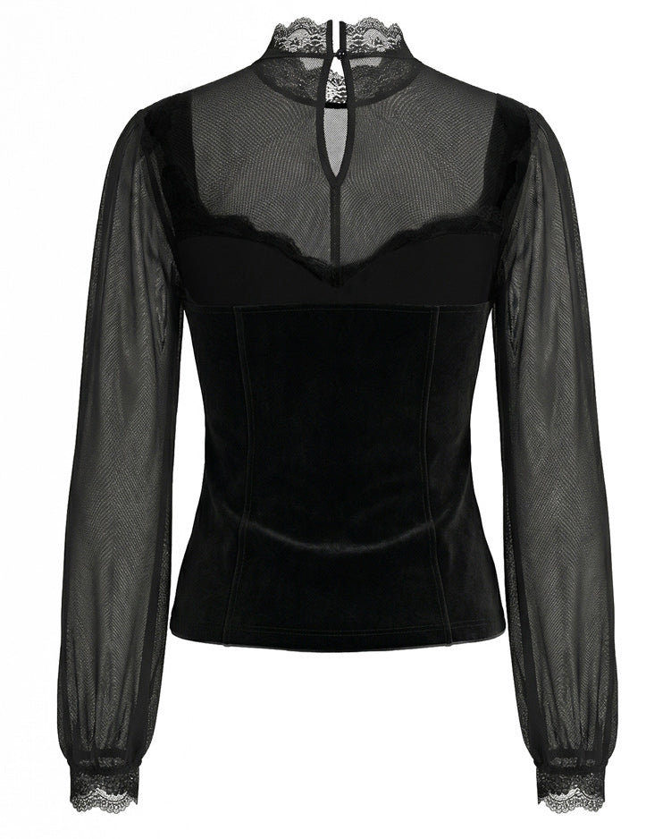 Mesh Lace Spliced Flared Sleeve Waist-Cinched Top