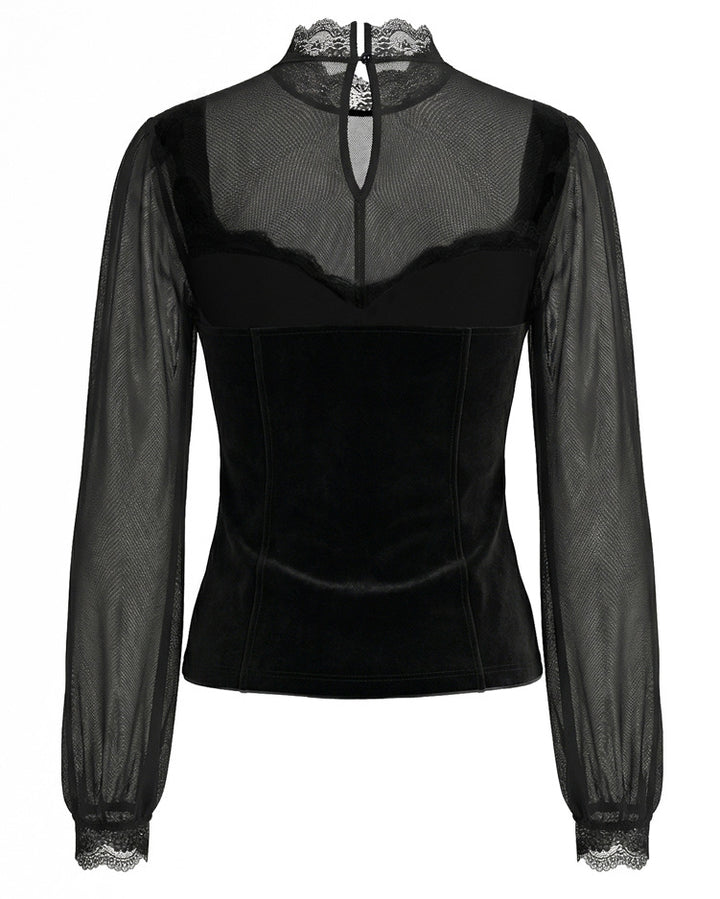 Mesh Lace Spliced Flared Sleeve Waist-Cinched Top