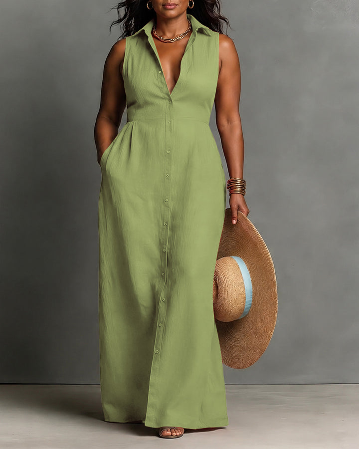 Collared Button-front Sleeveless Full Maxi Dress