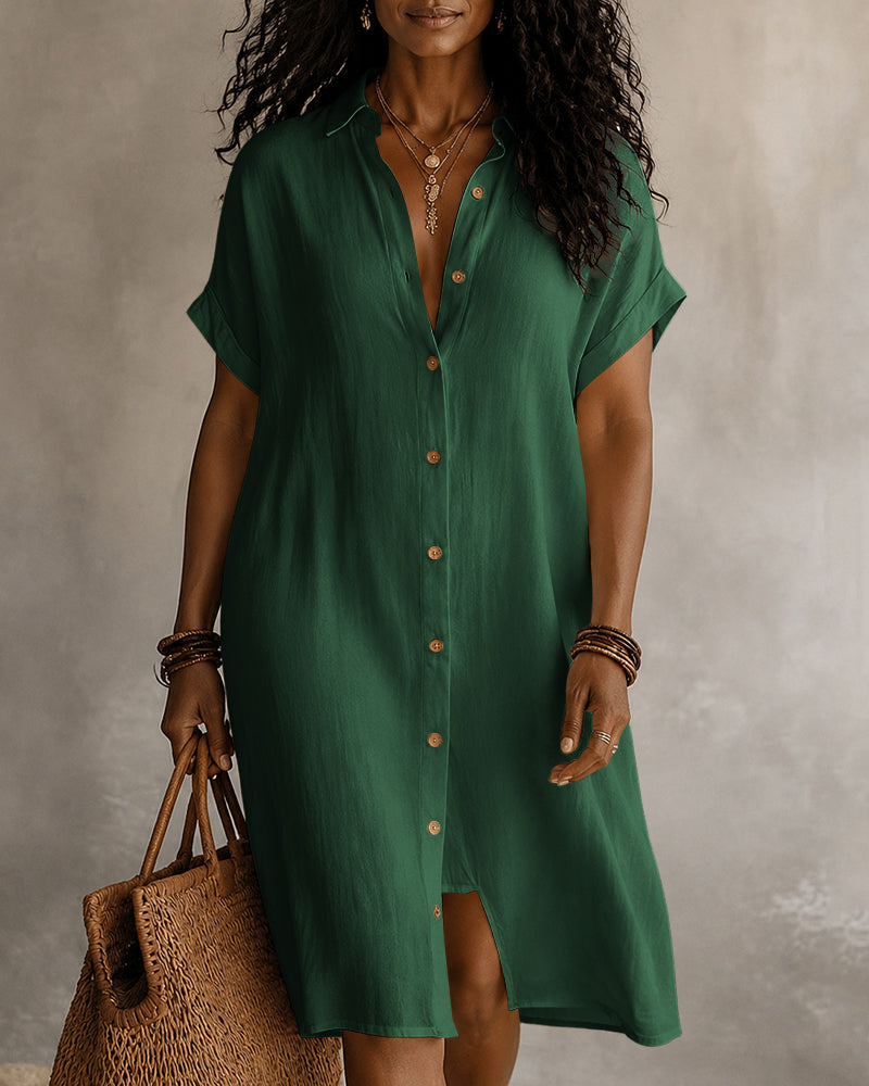Lapel Short-sleeved Solid Color Button Midi Dress