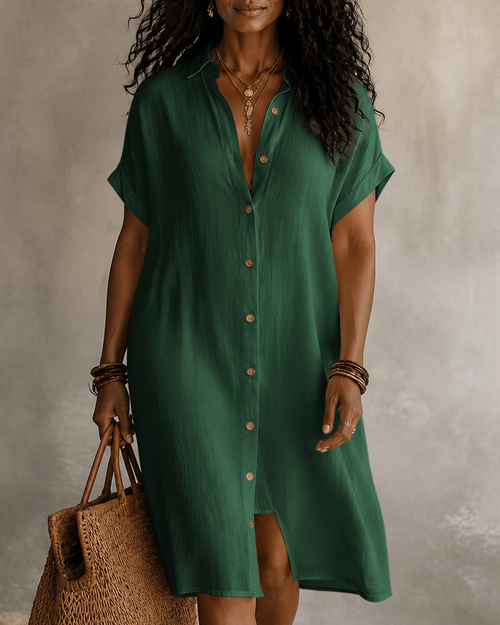 Lapel Short-sleeved Solid Color Button Midi Dress
