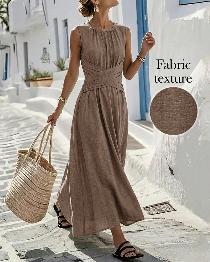 Round Neck Cotton Linen Twist Waist Cross Sleeveless Maxi Dress
