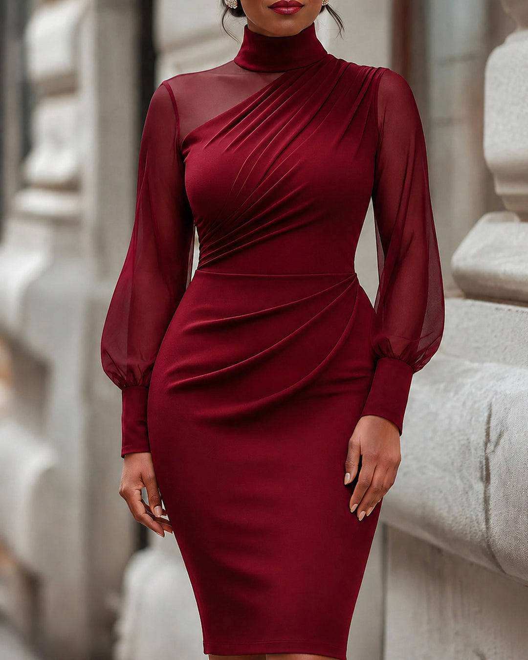 High Neck Lantern Sleeve Mesh Panel Slim Bodycon Dress