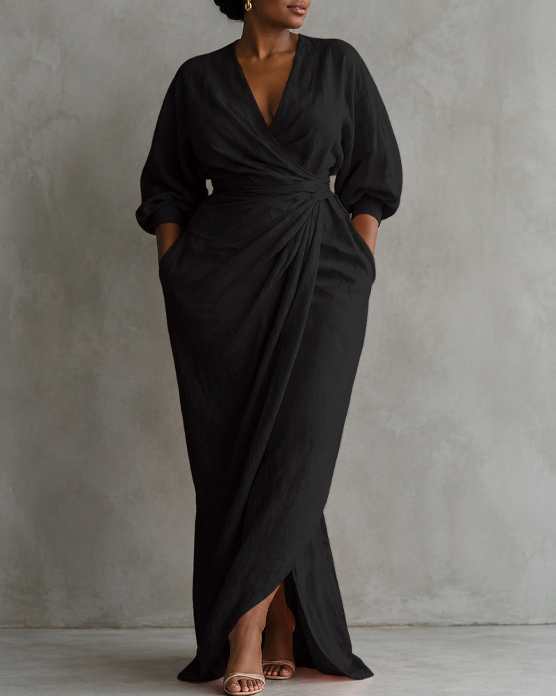 Linen Blend Loose V-neck Pleated Waist Casual Pocket Maxi Dress