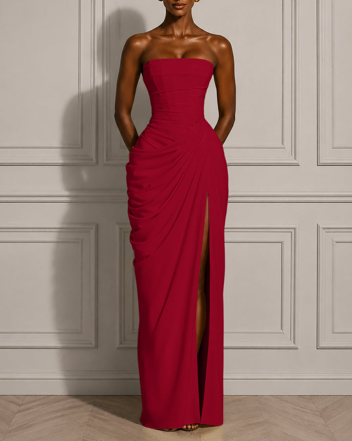 Back Lace-up Asymmetrical Pleats Strapless Slit Maxi Dress