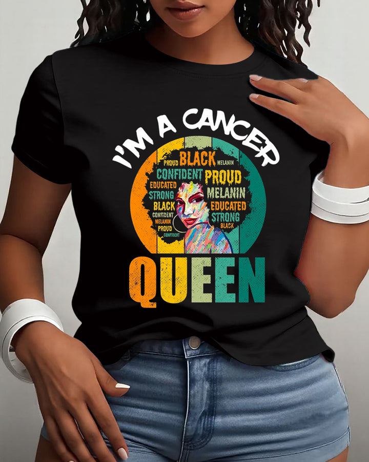 Cancer Afro Girl Queen Traits Astrological Zodiac Sign Print Cotton Short Sleeve T-Shirt