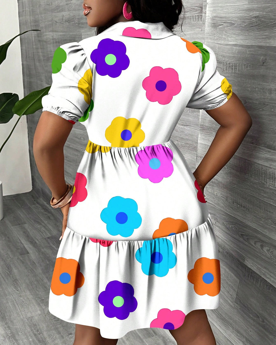Summer Colorful Flowers Print Ruffle Lantern Sleeve Loose Dress