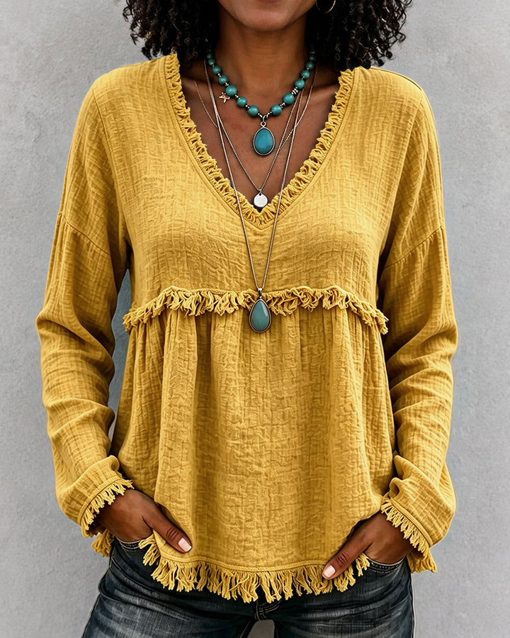 Boho Fringe V‑Neck Long Sleeve Crinkle Blouse