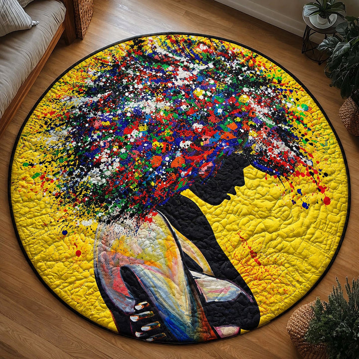 Girl with Colorful Afro Hair Quilted Round Mat