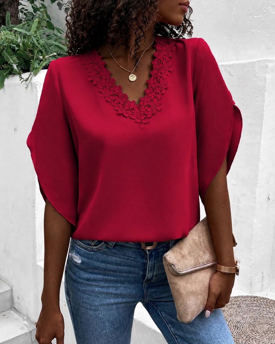 Lace-trimmed V-neck Bell Sleeve Blouse