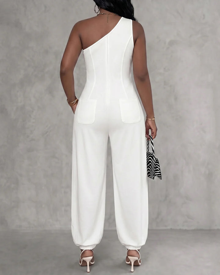 Sleeveless Pockets Solid Color One-Shoulder Jumpsuits