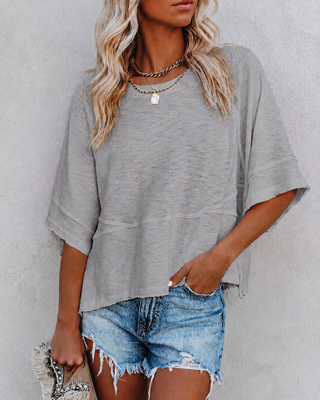 Panel Solid Color Flared Sleeve T-Shirt