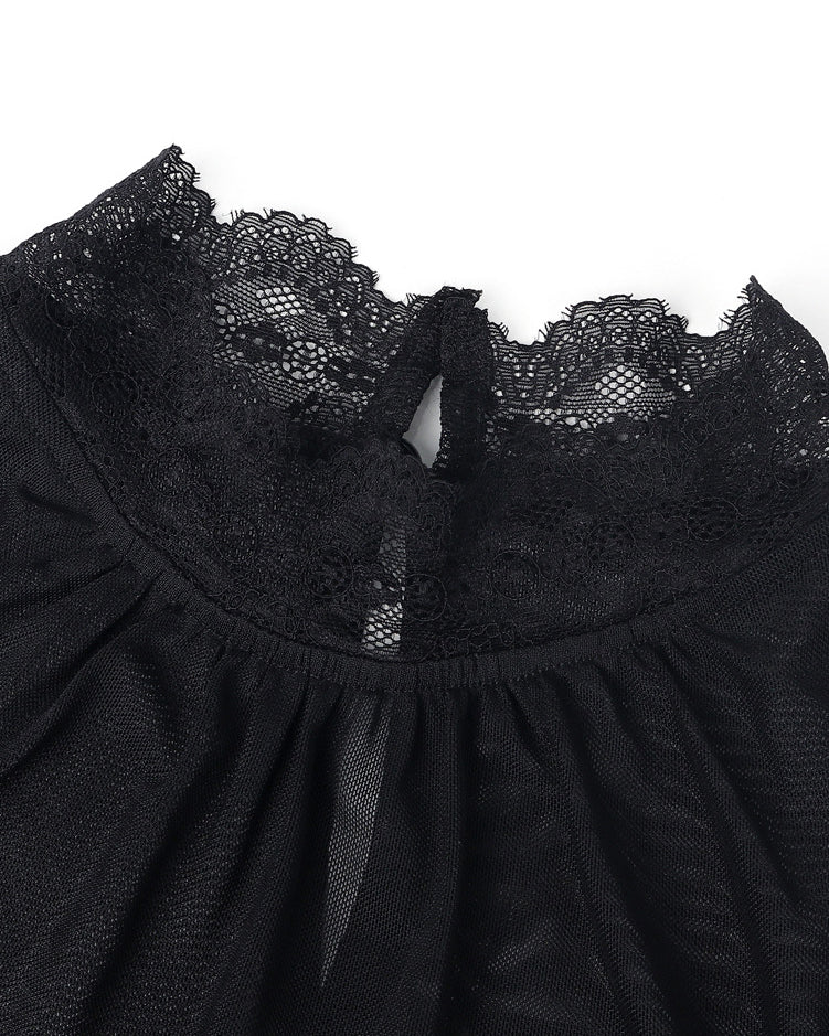 Mesh Lace Spliced Flared Sleeve Waist-Cinched Top