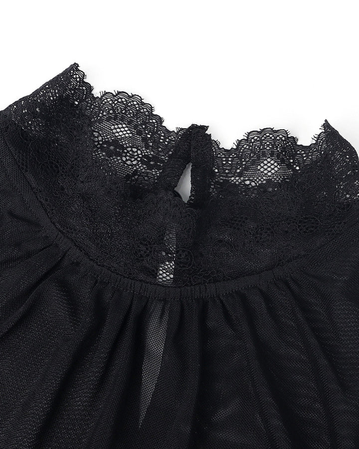 Mesh Lace Spliced Flared Sleeve Waist-Cinched Top
