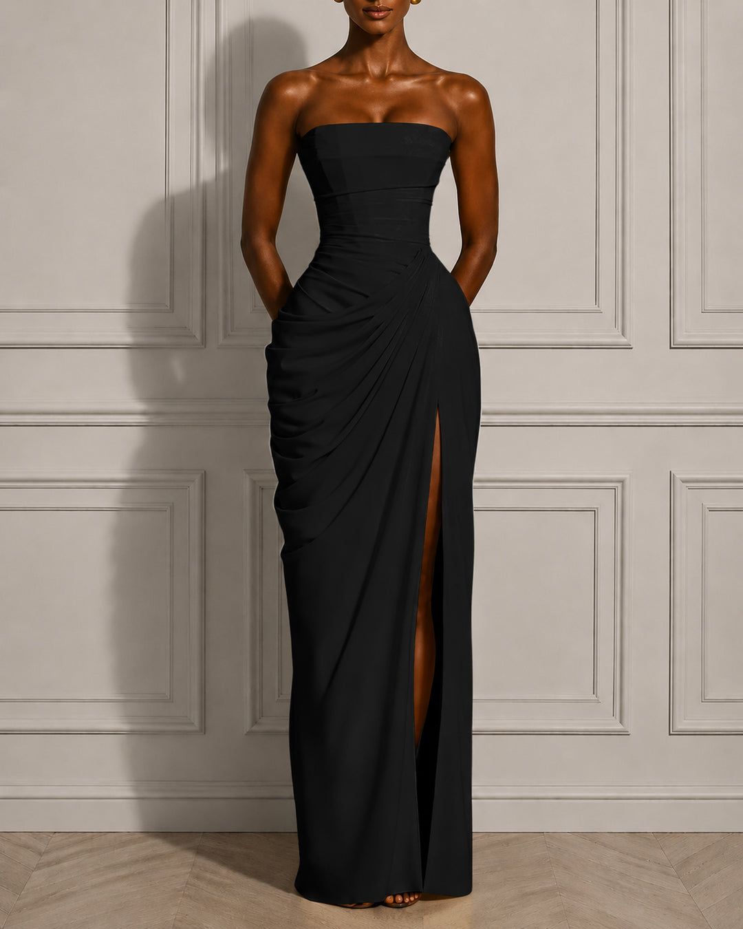 Back Lace-up Asymmetrical Pleats Strapless Slit Maxi Dress