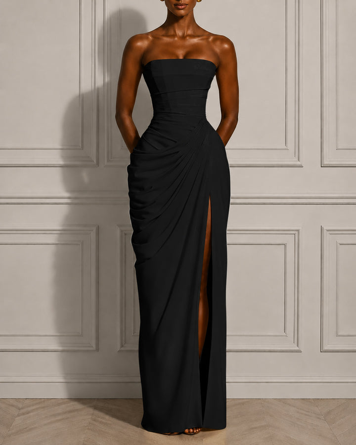 Back Lace-up Asymmetrical Pleats Strapless Slit Maxi Dress