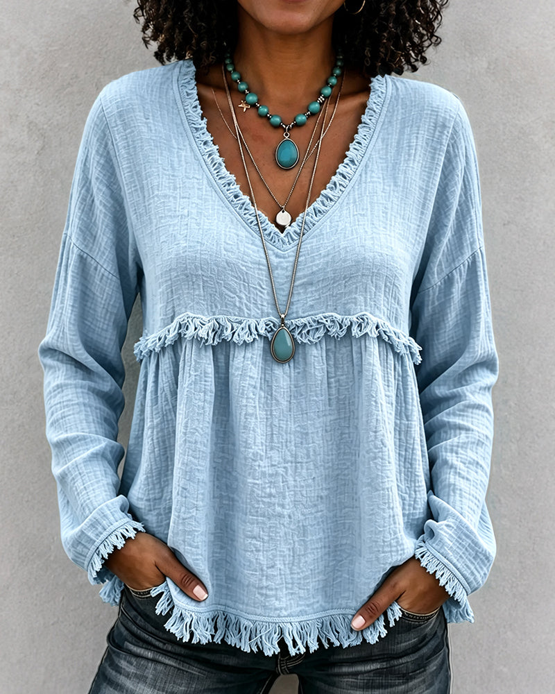 Boho Fringe V‑Neck Long Sleeve Crinkle Blouse
