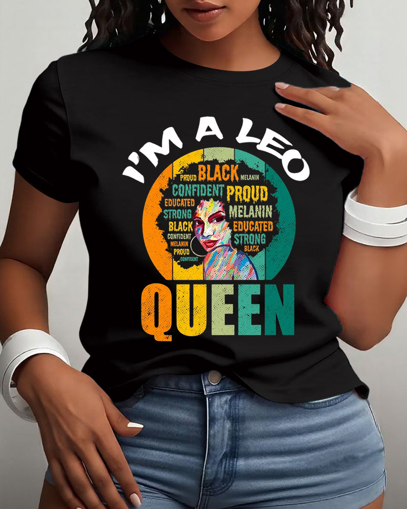 Leo Afro Girl Queen Traits Astrological Zodiac Sign Print Cotton Short Sleeve T-Shirt