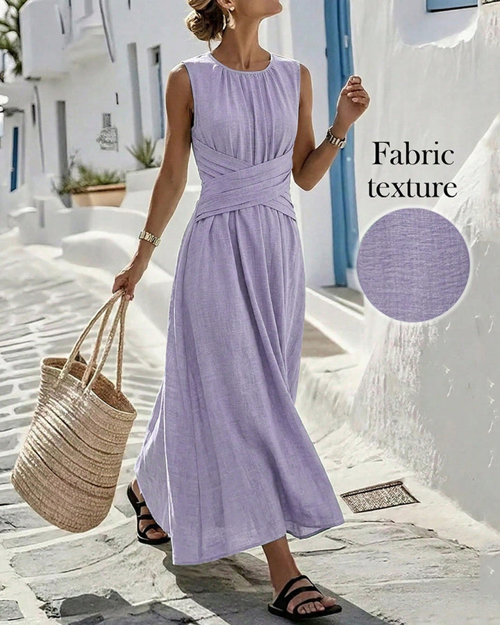 Round Neck Cotton Linen Twist Waist Cross Sleeveless Maxi Dress
