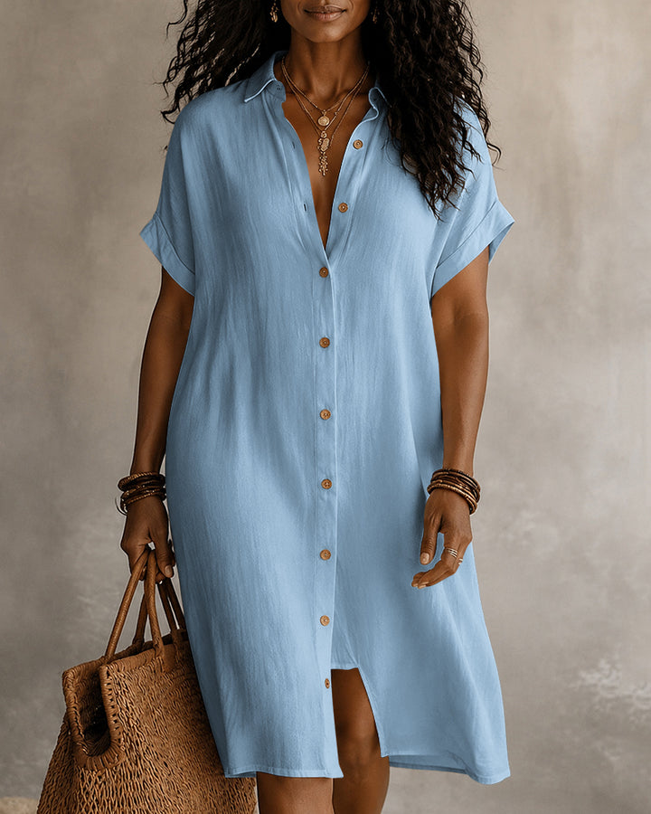 Lapel Short-sleeved Solid Color Button Midi Dress