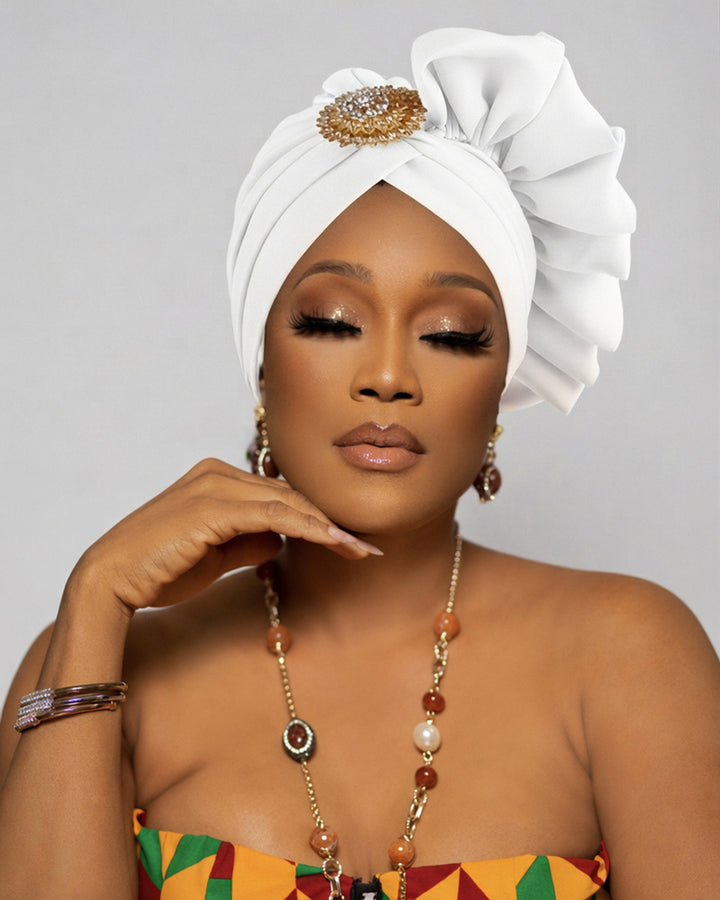 Crystal Flower Button Lace Trim Turban Head Wrap