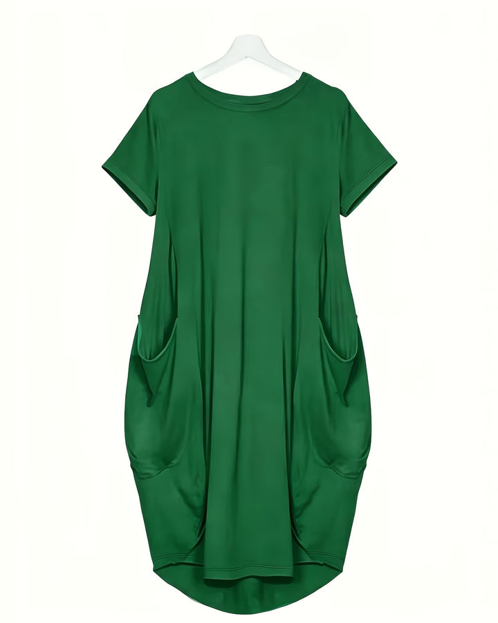 Solid Color Crew Neck Side Pockets & 3/4 Sleeves Midi Dress