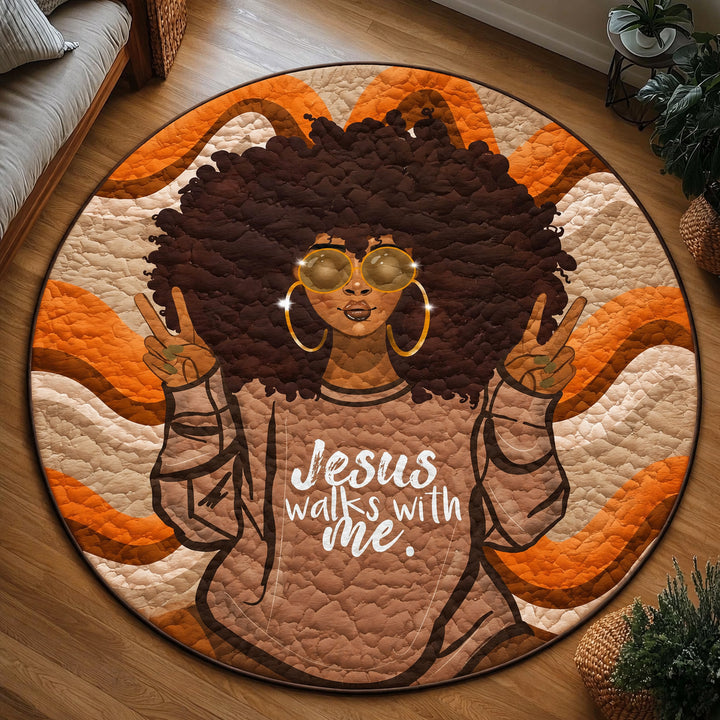 Jesus Walks with Me Cartoon Girl Quilted Round Mat
