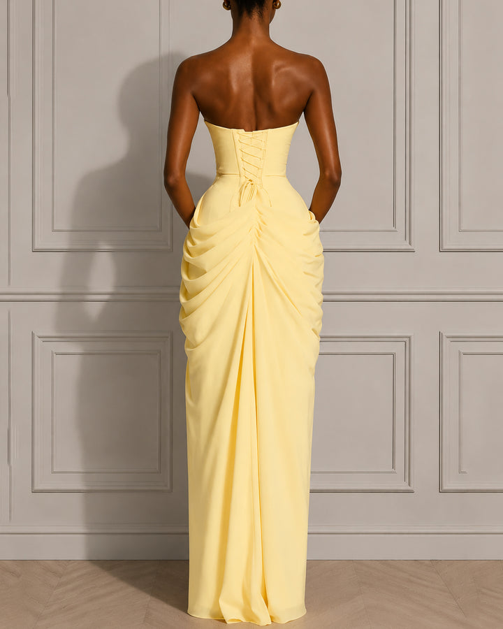 Back Lace-up Asymmetrical Pleats Strapless Slit Maxi Dress