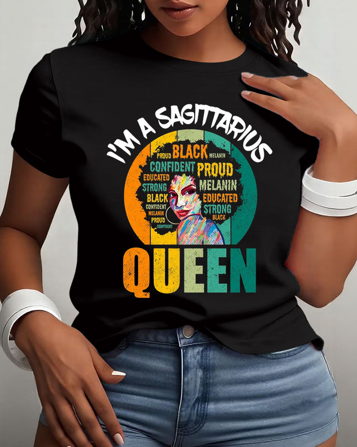 Sagittarius Afro Girl Queen Traits Astrological Zodiac Sign Print Cotton Short Sleeve T-Shirt
