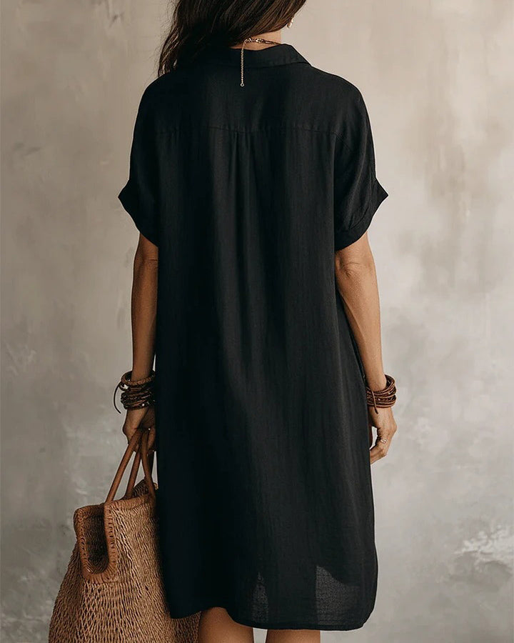 Lapel Short-sleeved Solid Color Button Midi Dress