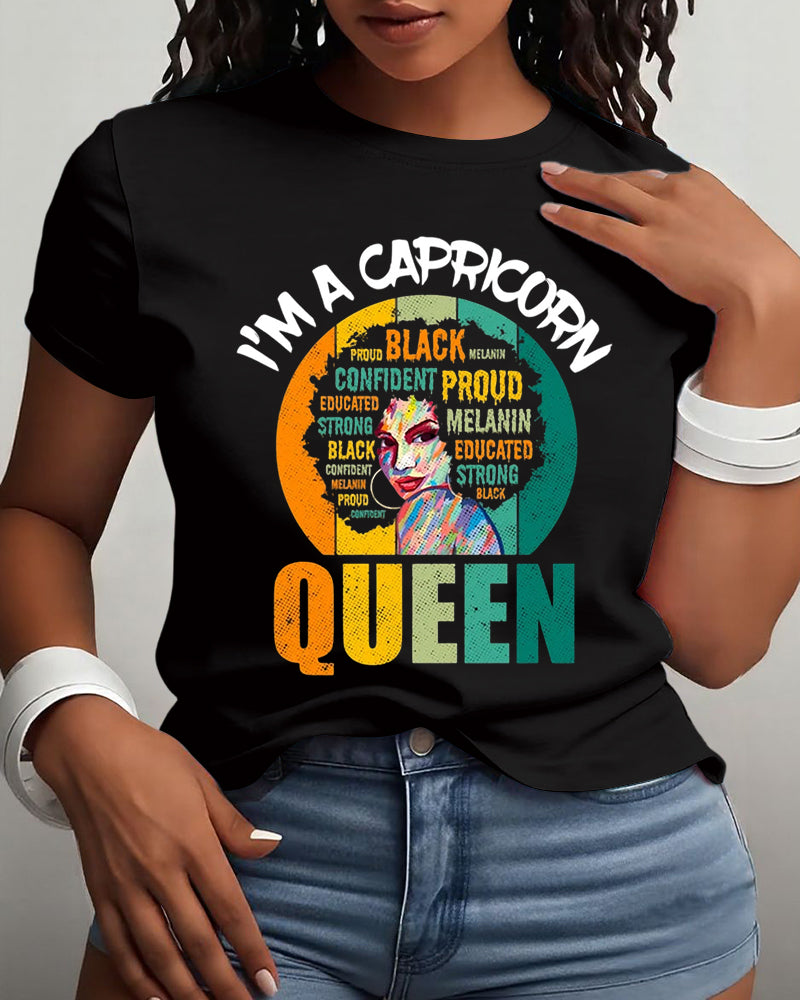 Capricorn Afro Girl Queen Traits Astrological Zodiac Sign Print Cotton Short Sleeve T-Shirt