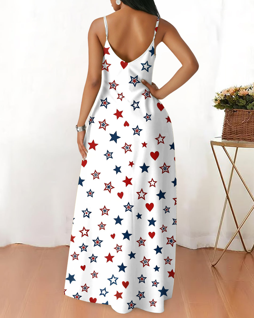 Sling Colorful Stars and Hearts Print Pocket Maxi Dress
