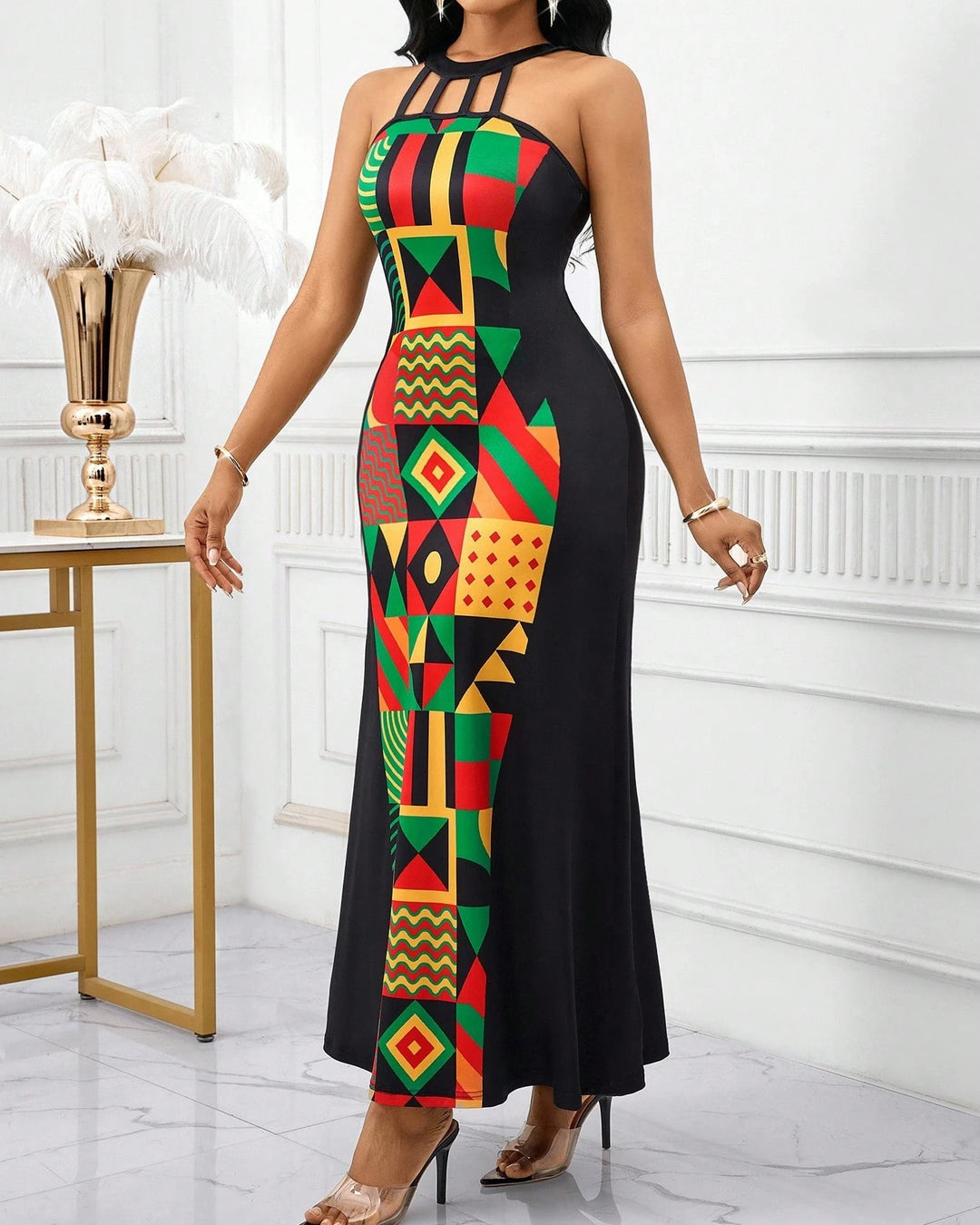 Women African Print Cutout Halter Neck Slim Waist Flowy Hem Maxi Dress
