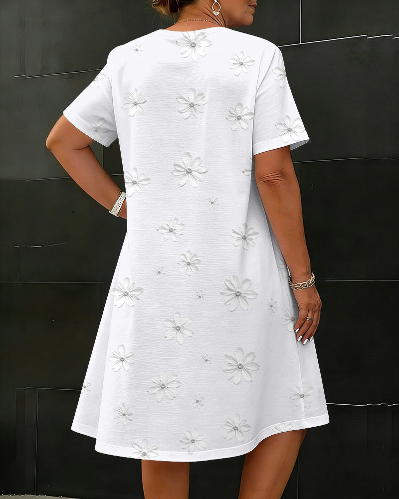 White Floral V-neck Short-sleeved Loose Midi Dress