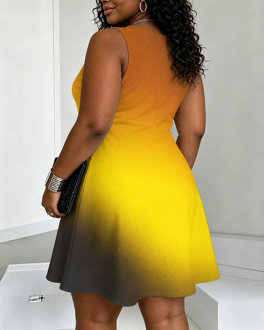 Afro Silhouette Illustration Round Neck Sleeveless Mini Casual Dress