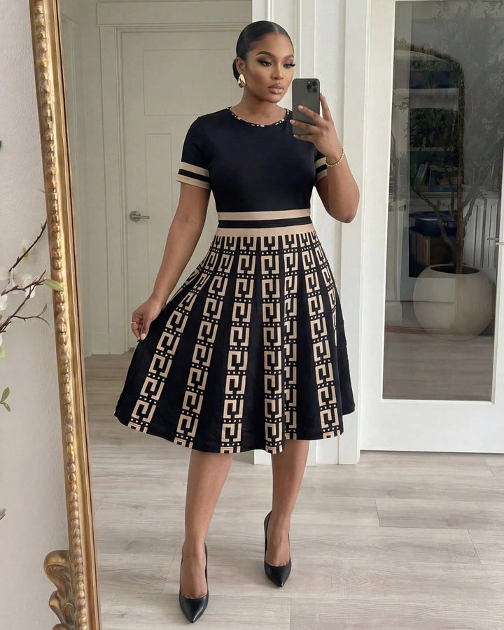 Brown Playful Geometric Stripes Round Neck Long Sleeves Midi Dress