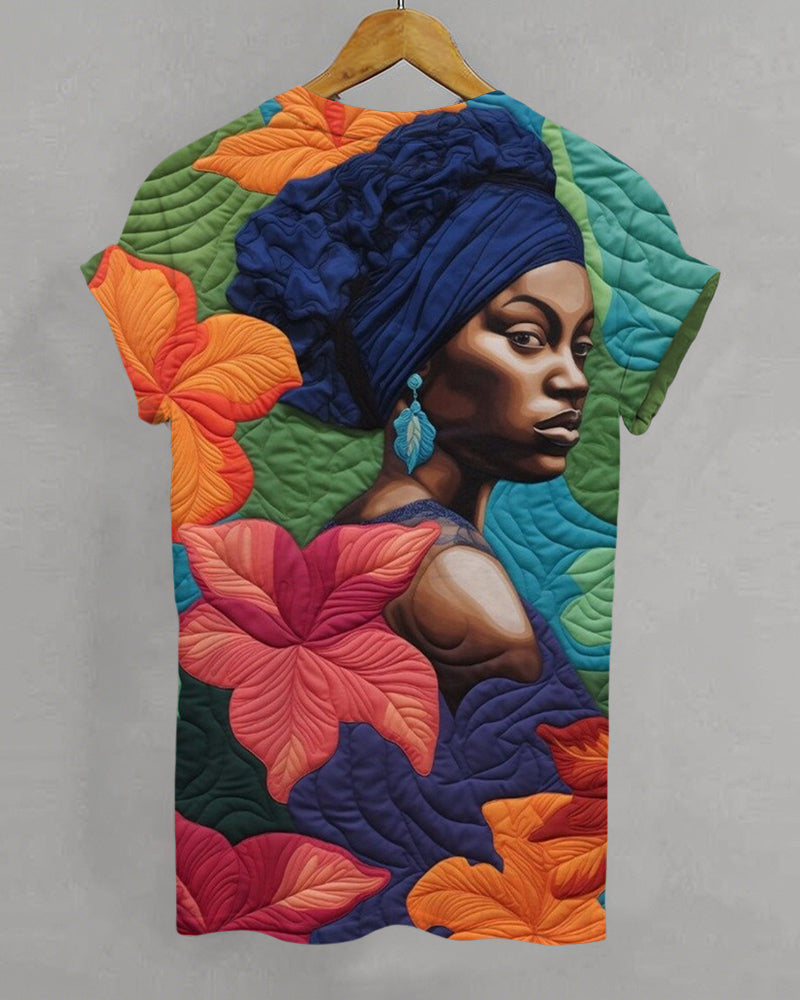 Bisa Butler Inspired Portrait Art Print Crew Neck Short Sleeve T-Shirt