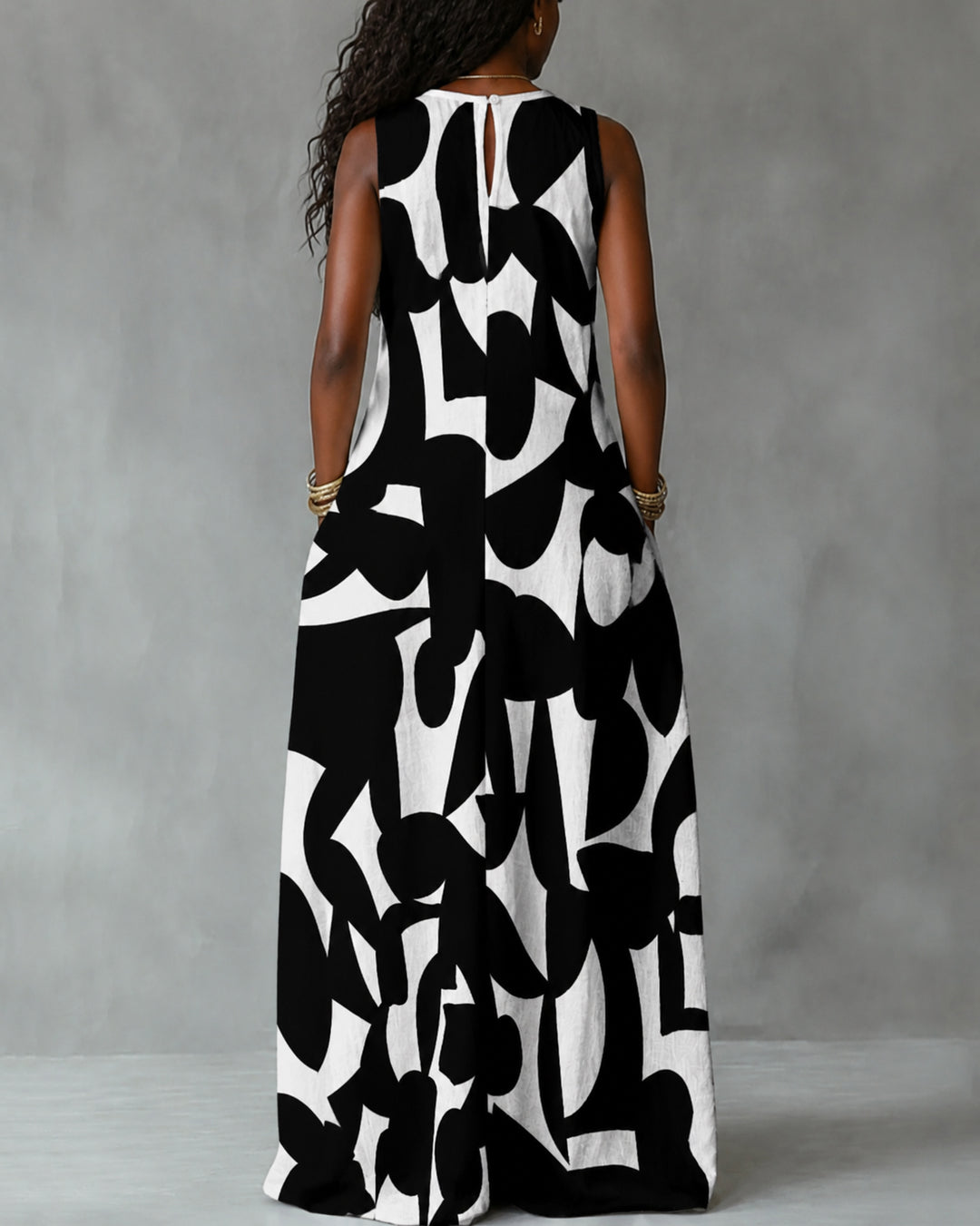 Round Neck Geometric Print Sleeveless Maxi Dress