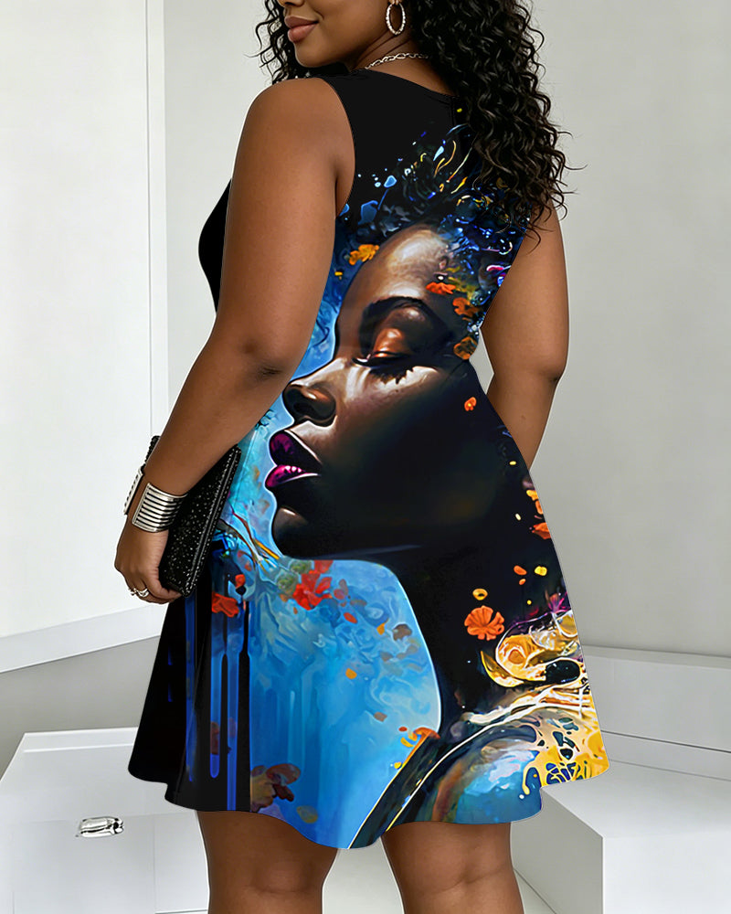Black Woman Flowers Art Print Round Neck Sleeveless Mini Casual Dress