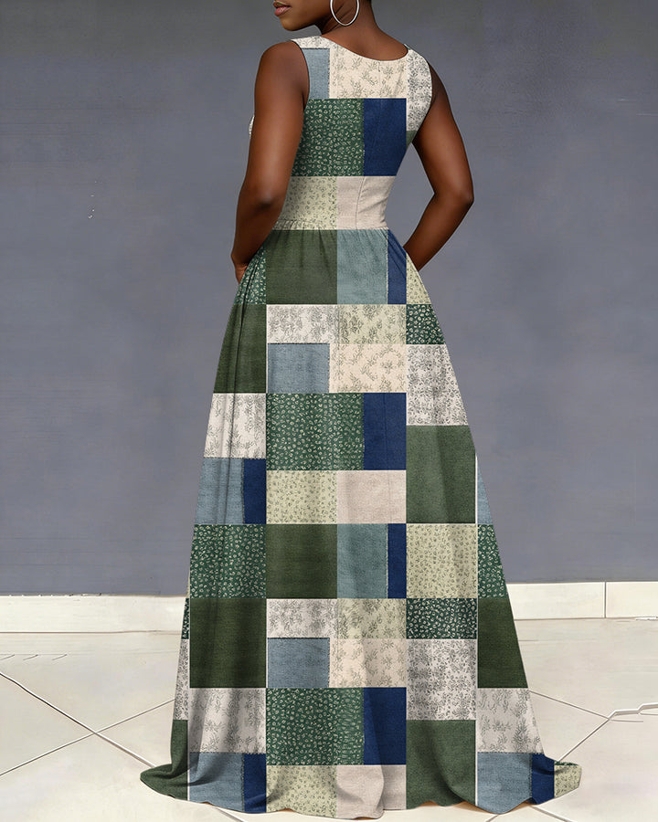 V Neck Fun Floral Color Blocking Geometric Pattern Print Sleeveless Pocket Maxi Dress