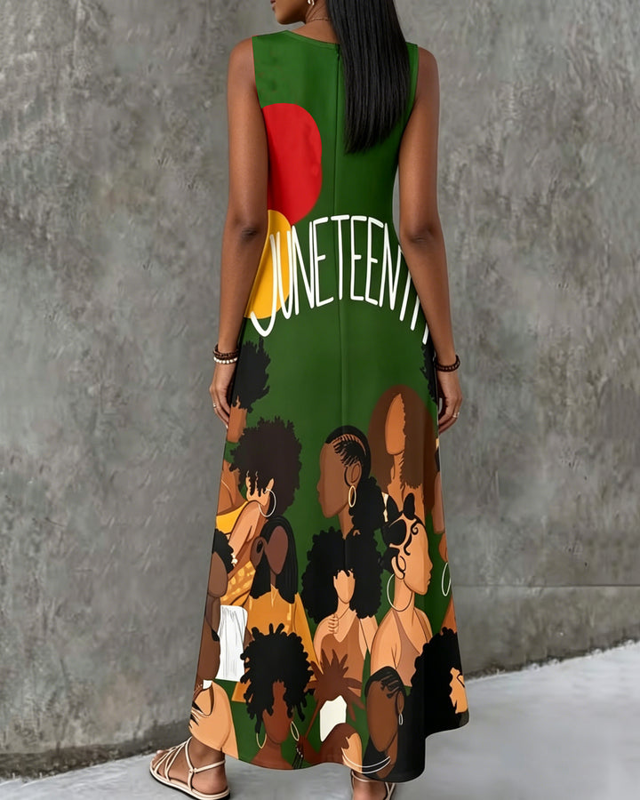 Juneteenth Women's Portrait Print Round Neck Pocket Casual Dress
