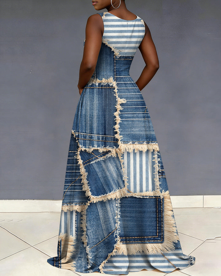 V Neck Denim Striped Tassel Print Sleeveless Pocket Maxi Dress