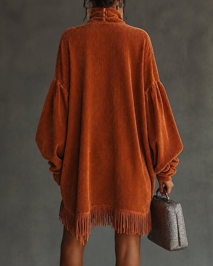Women's Oversized Turtleneck Long Lantern Sleeve Corduroy Tunic Dress