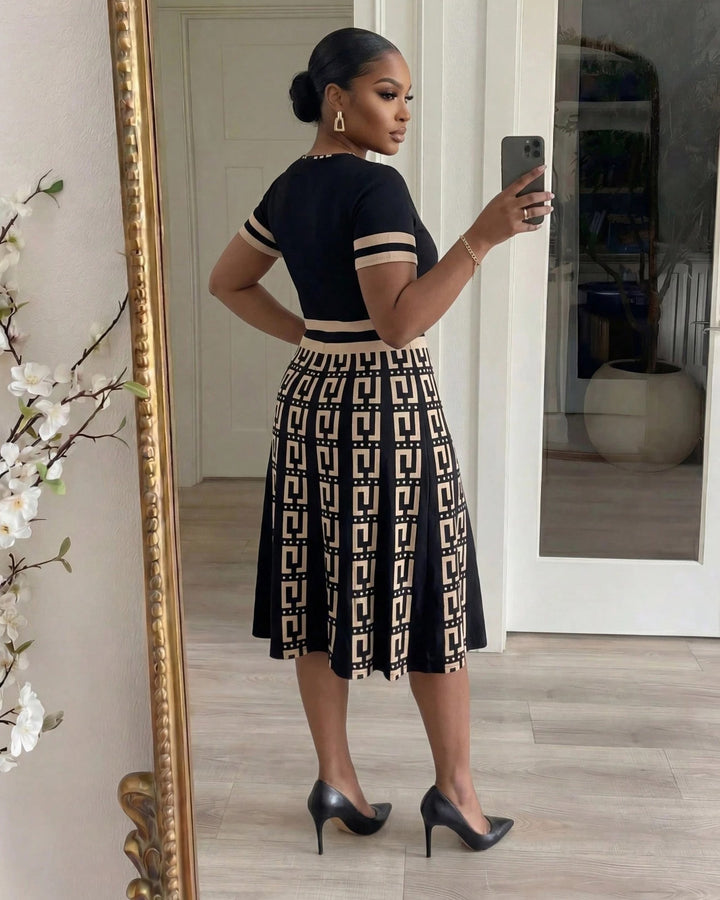 Brown Playful Geometric Stripes Round Neck Long Sleeves Midi Dress
