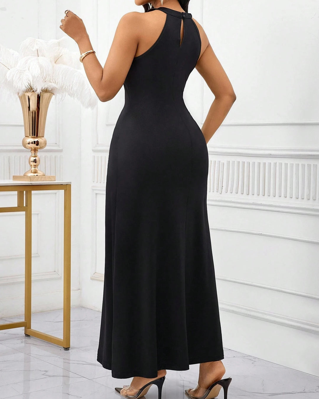 Women African Print Cutout Halter Neck Slim Waist Flowy Hem Maxi Dress