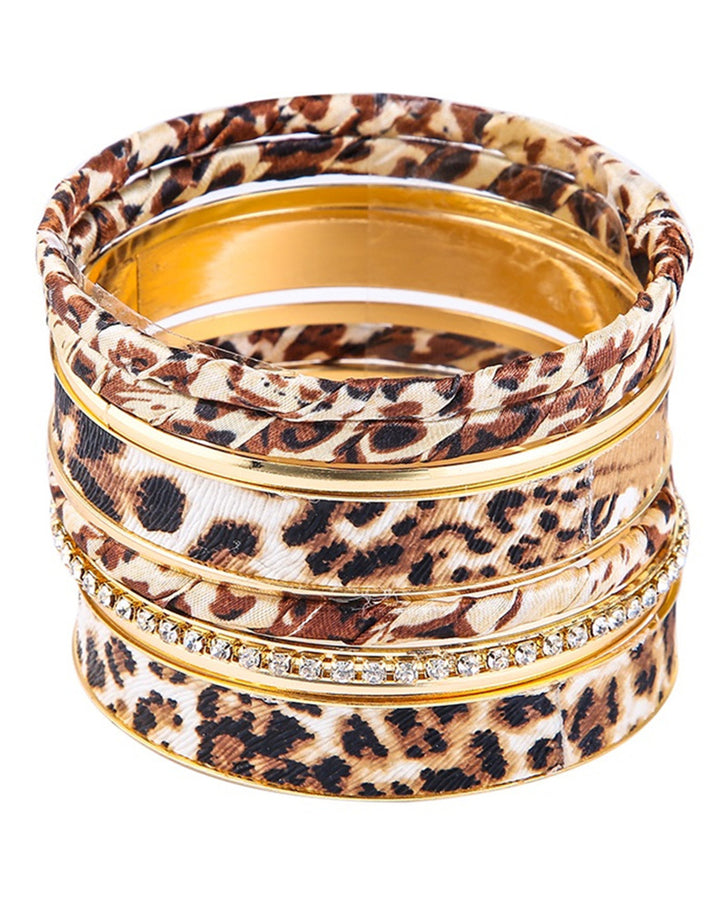 Leopard Print Rhinestone Multi-layer Stackable Bracelet Set