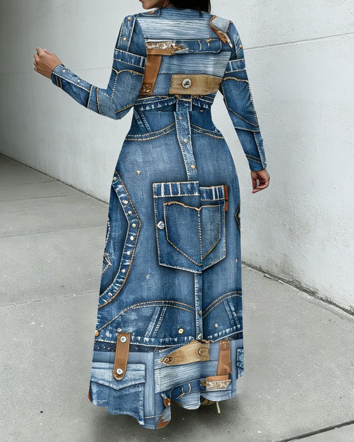 Fun Denim Pocket Patch Print Crewneck Long Sleeve Pocket Dress