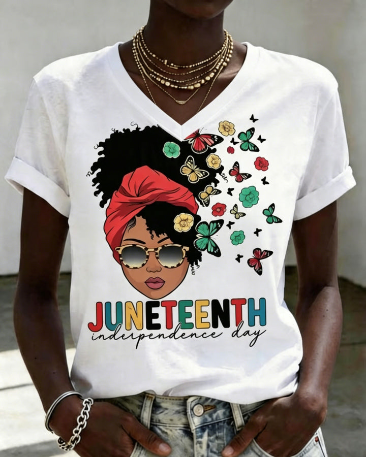 100% Cotton Juneteenth Afro Woman Butterfly Earrings V Neck Short Sleeve Tshirt