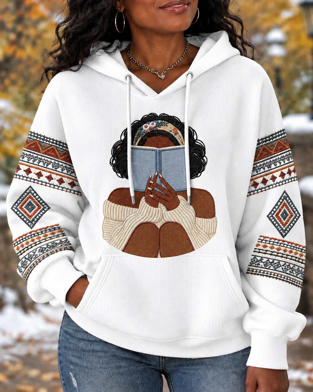 Women's Black Cartoon Girl Knit Long Sleeve Hooded Sweater